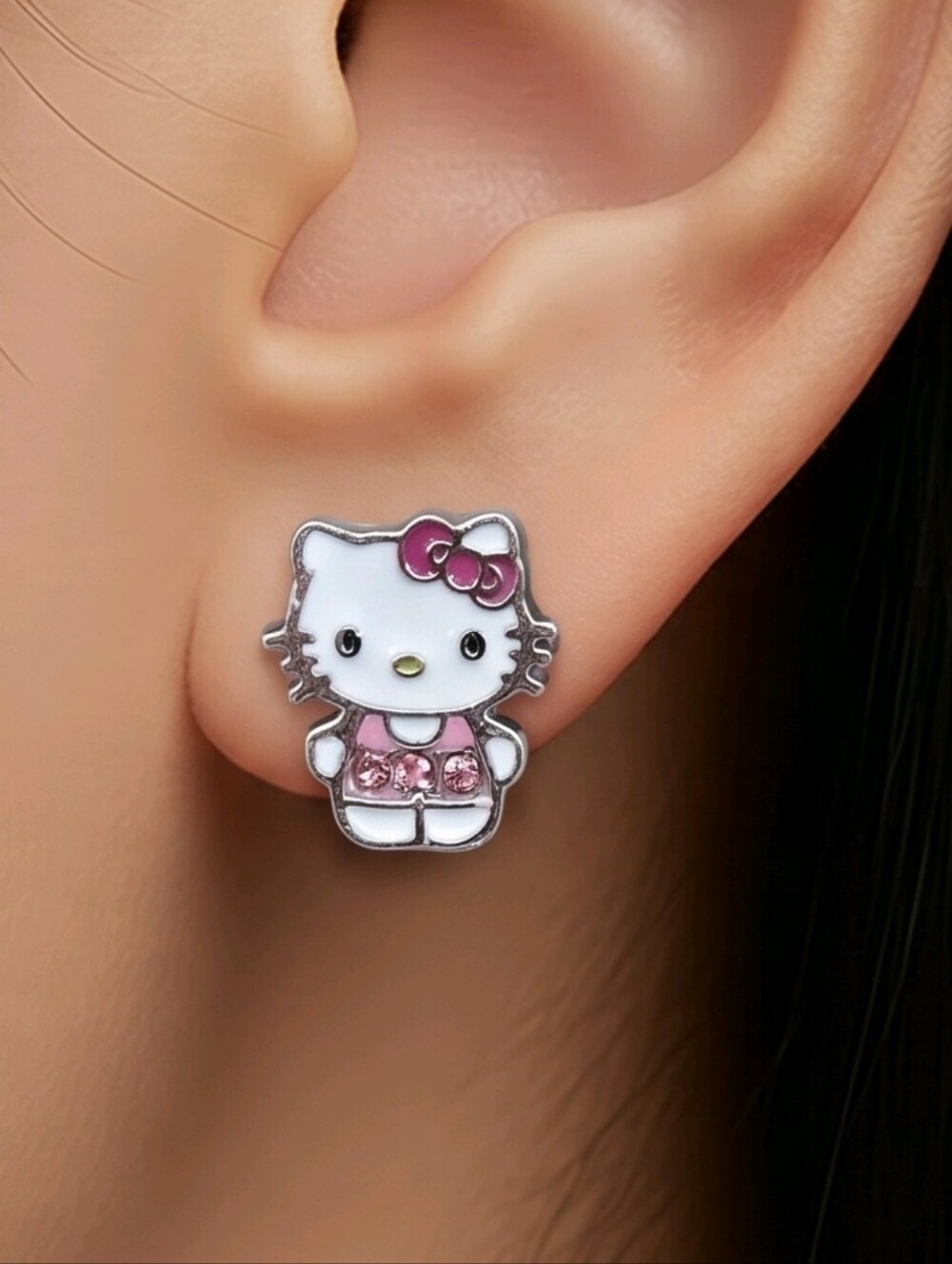 Hello Kitty Earrings Pink Rhinestone Enamel Cat Pierced Ears Cat Studs Jewelry